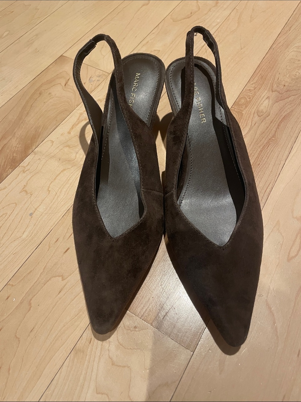 Marc Fisher Dark Brown Suede Pointed Slingback kitten heels